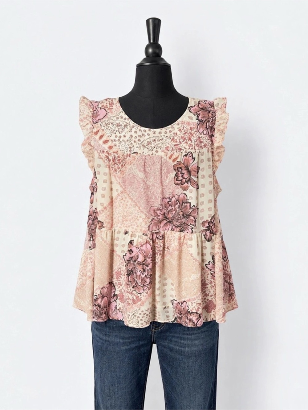Maurices Floral Ruffle Sleeve Blouse Pink & Cream